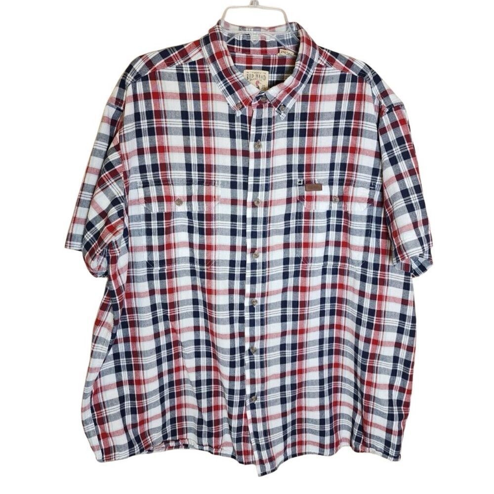 Red Head- WorkHorse Button Up Shirt Short Sleeve Red White &Blue Plaid Men’s 2XL